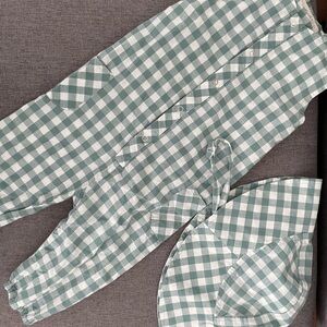 Pehr Green and White Gingham Jumpsuit and Hat Set 6-12M